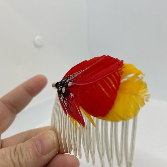 Vintage 1980s Feather Hair Comb Red Yellow Black White Polka Dot main image 6